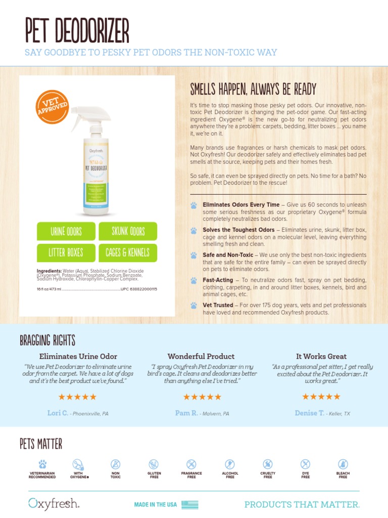 Oxyfresh Pet Product Fact Sheet Pet Deodorizer PDF Urine Odor