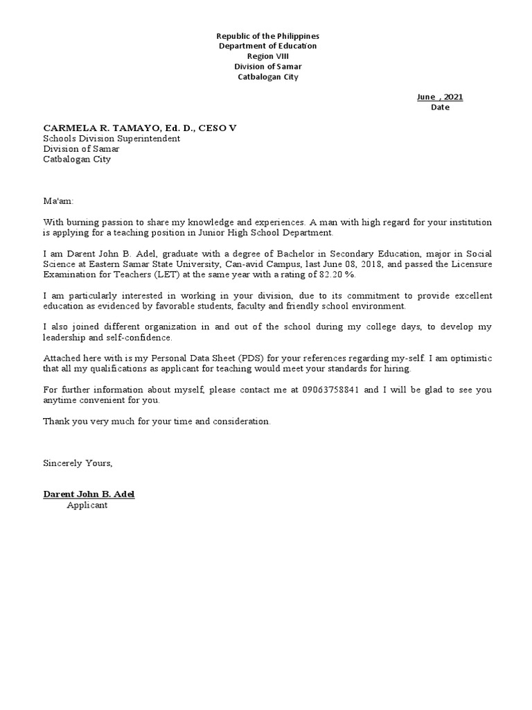 APPLICATION LET. For Catbalogan.. | PDF