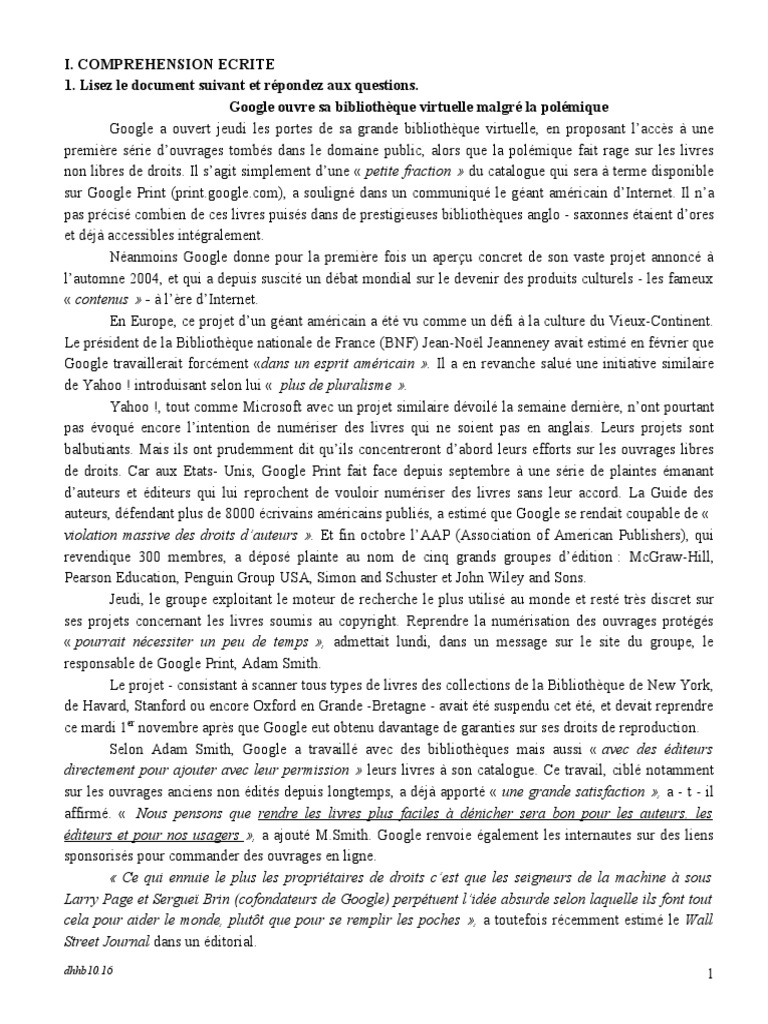 I. Comprehension Ecrite 1. Lisez Le Document Suivant Et Répondez Aux ...