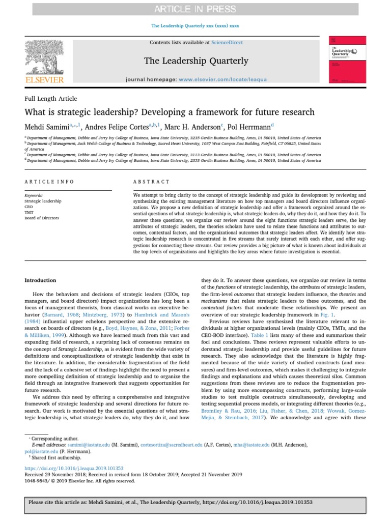 The Leadership Quarterly PDF Leadership Strategic Leadership