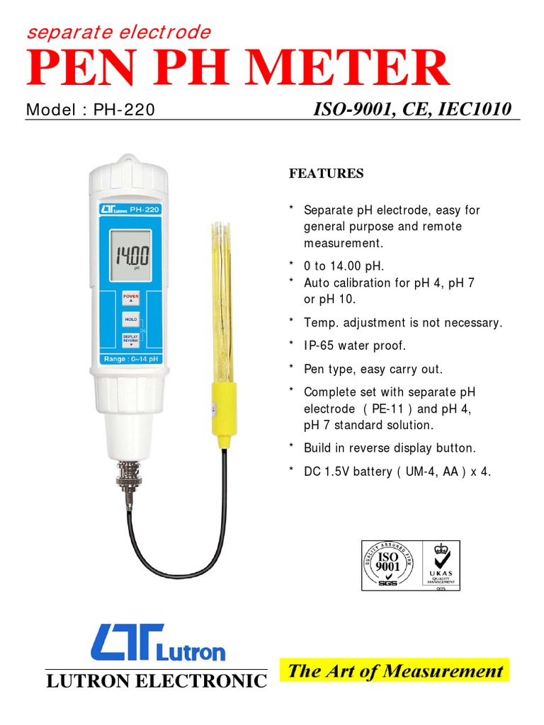 Portable Pen Type pH Meter with Separate Electrode Model PH220
