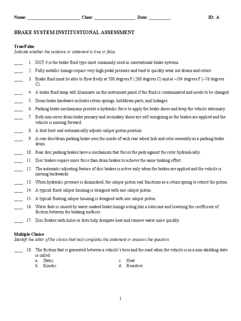 Brake System Institustional Assessment | PDF | Brake | Mechanical ...