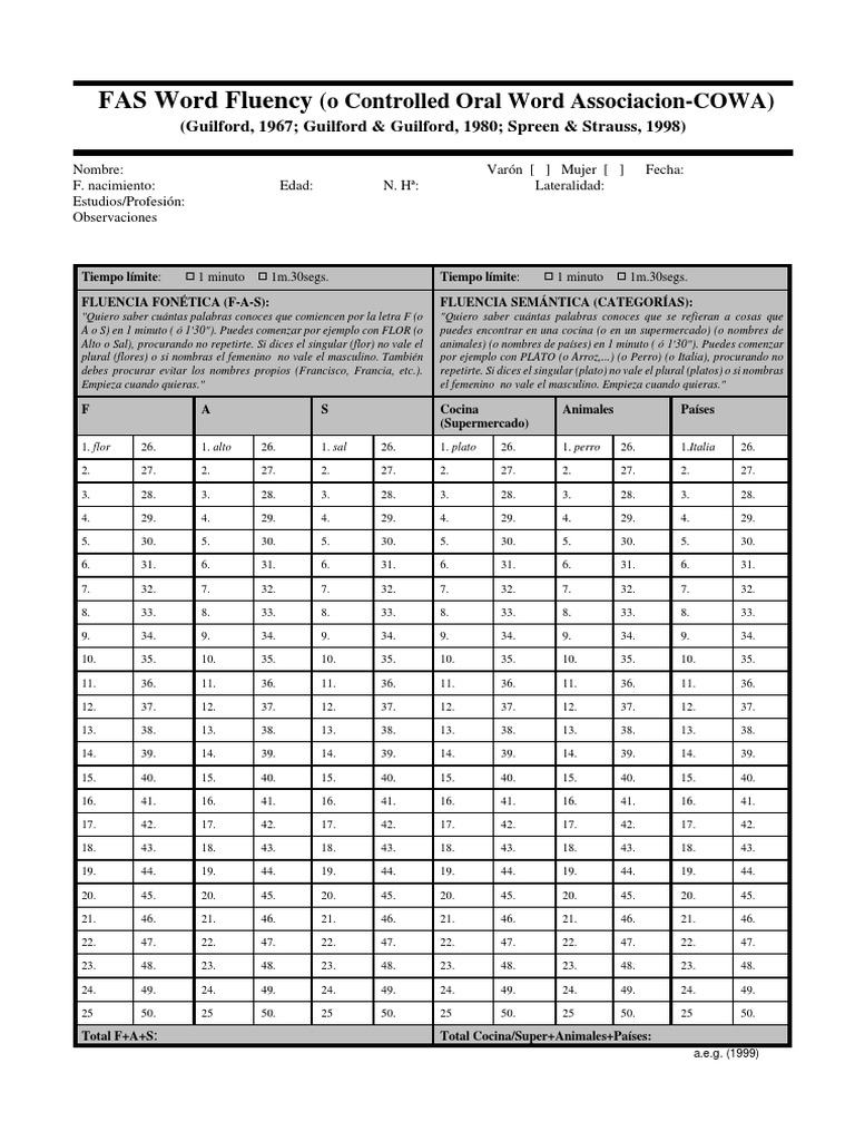 FAS Word Fluency: (O Controlled Oral Word Associacion-COWA) | PDF
