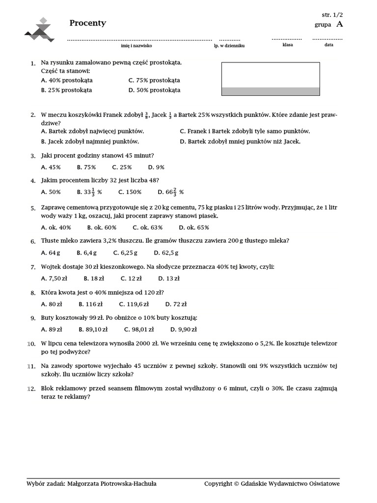 Sprawdzian Z Matematyki Klasa 7 Procenty Odpowiedzi