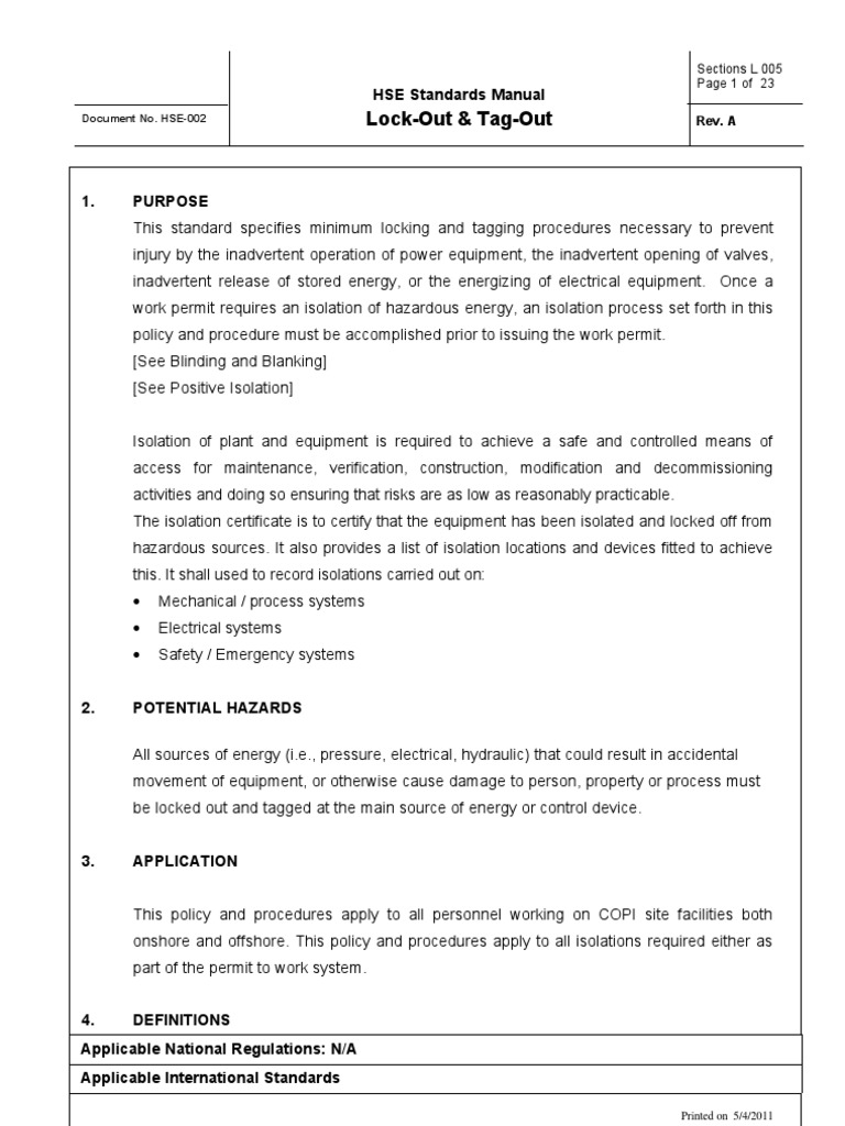 Lock Out and Tag Out Standart Manual | Download Free PDF | Nature