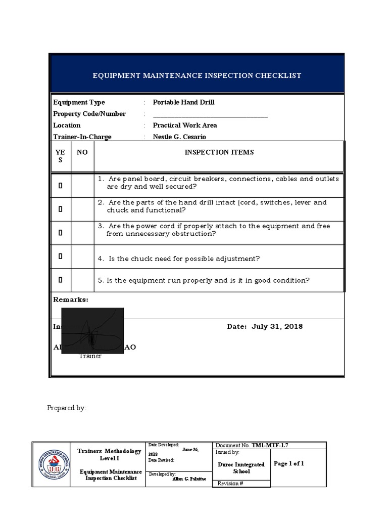 Form 1.7 Equipment Maintenance Inspection Checklist 1 | PDF ...