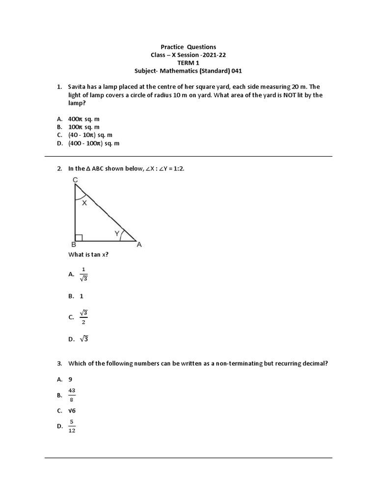 Mathematics Practice Questions For Term 1 | PDF | Cartesian Coordinate ...