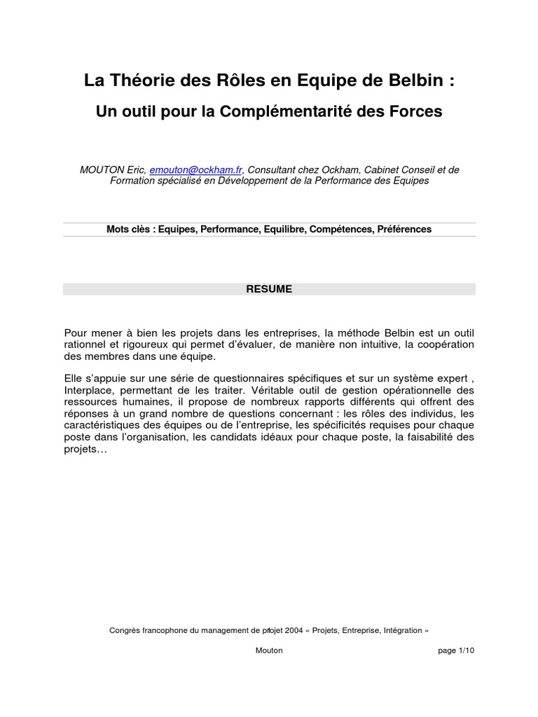 La Théorie Des Rôles en Equipe de Belbin:: Un Outil Pour La ...
