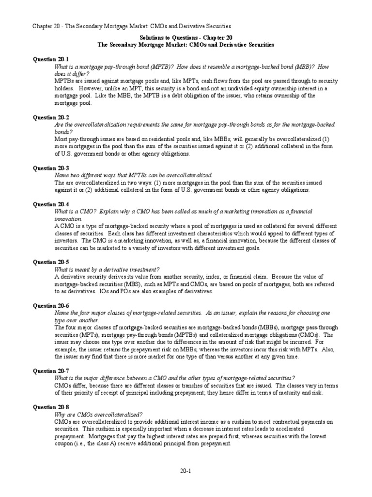 Solutions To Questions Chapter 20 The Secondary Mortgage Market Cmos