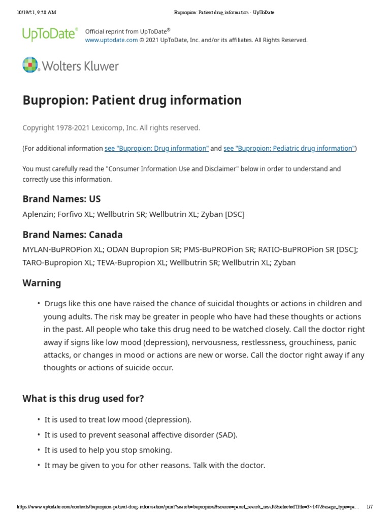 Bupropion Patient Drug Information UpToDate PDF Smoking