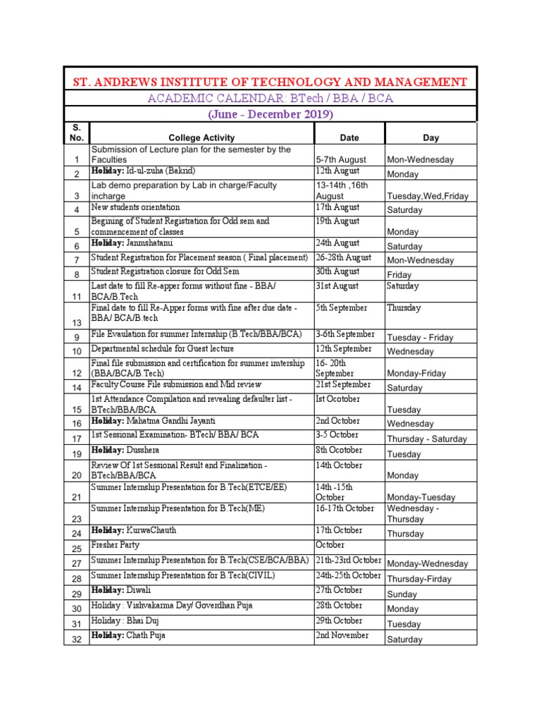 St. Andrews Institute of Technology and Management: Academic Calendar:  Btech / Bba / Bca | PDF | Academic Term | Academic Degree
