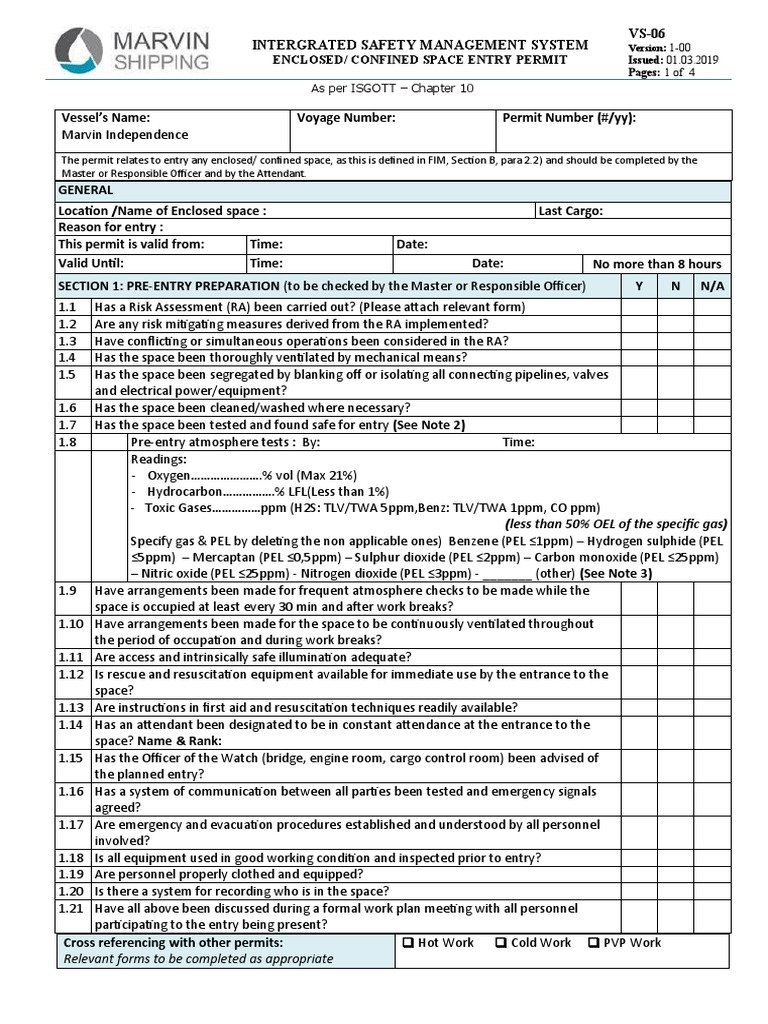 Enclosed/ Confined Space Entry Permit: As Per ISGOTT - Chapter 10 | PDF ...