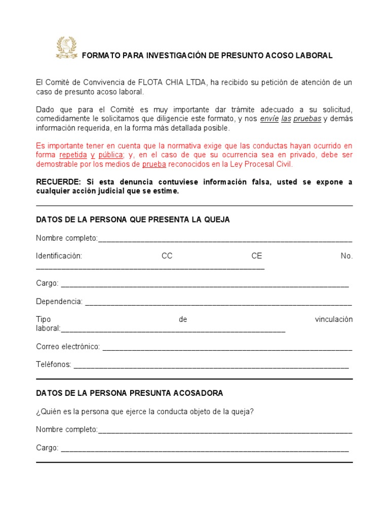 Formato de Denuncia por Acoso Laboral | PDF | Crecimiento personal y ...