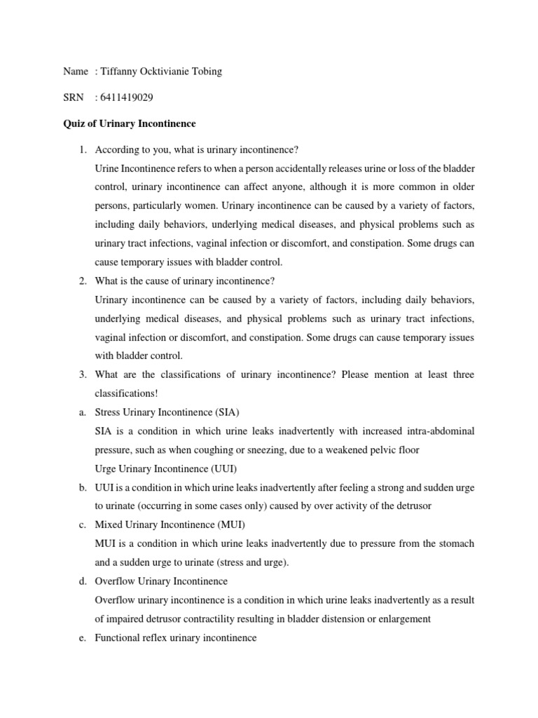 Quiz of Urinary Incontinence Download Free PDF Urinary Incontinence