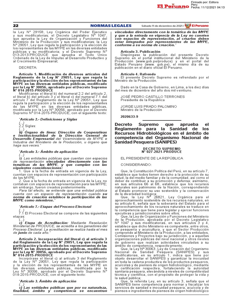 Decreto Supremo #027-2021-Produce | PDF | Regulación | Perú
