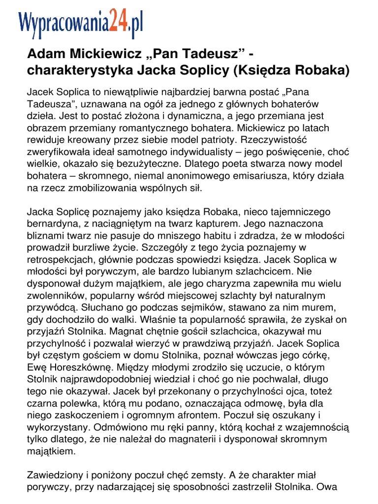 Usposobienie Pana Tomasza Z Katarynki Adam Mickiewicz Pan Tadeusz Charakterystyka Jacka Soplicy Ksiedza