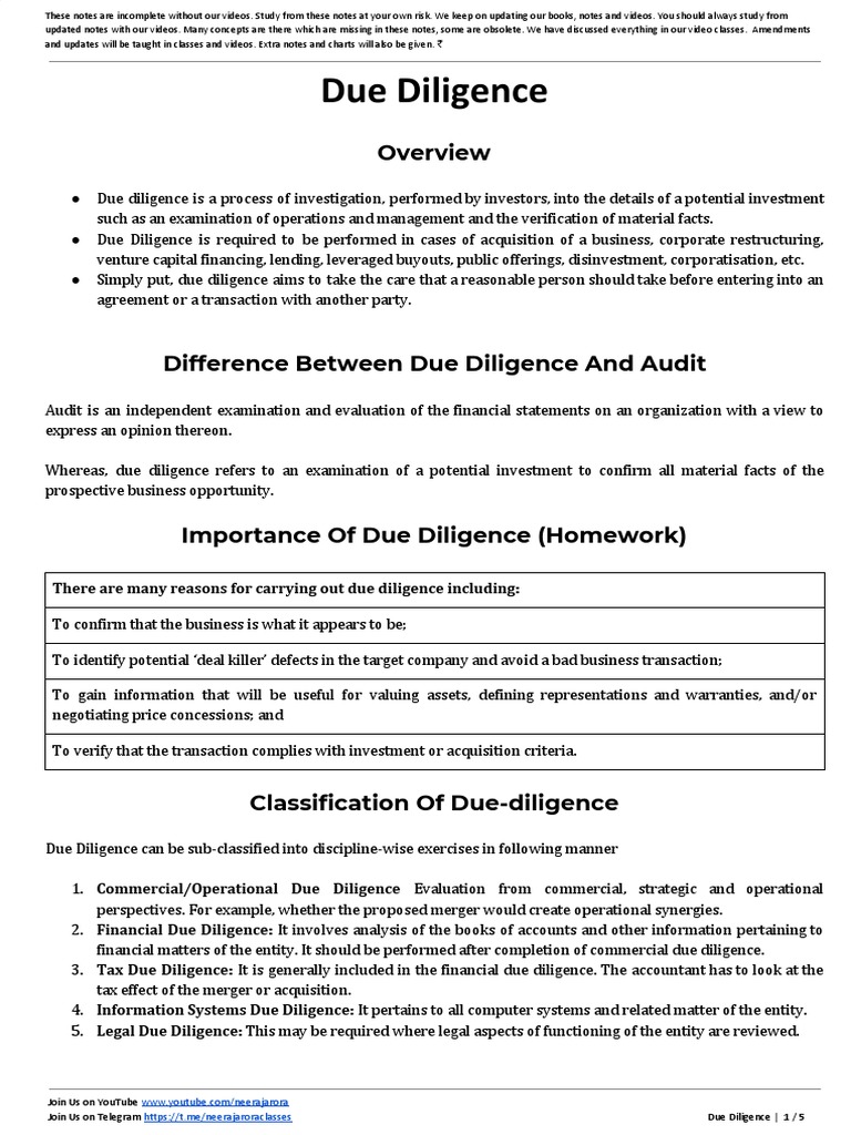 Due Diligence Notes PDF Due Diligence Valuation (Finance)