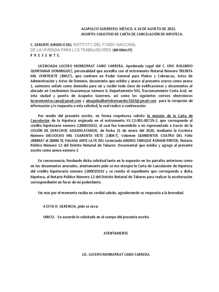 Solicitud de Cancelación de Hipoteca INFONAVIT | PDF | Ley común ...