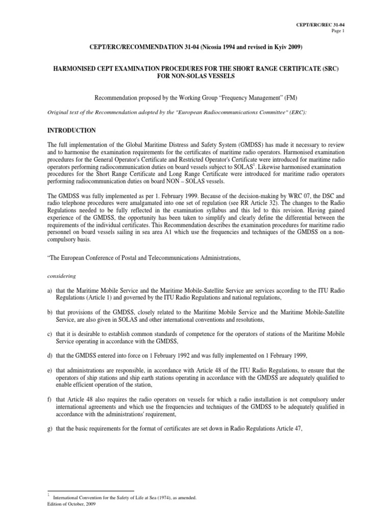 Harmonized Examination Procedures for the Short Range Certificate for