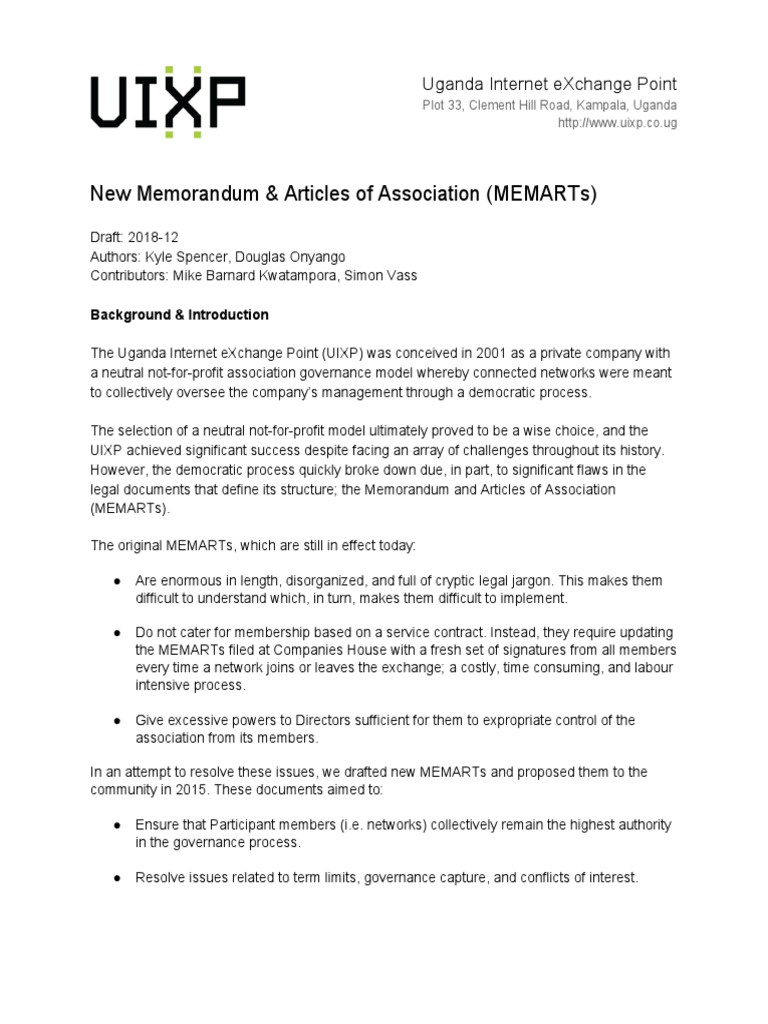 New MEMARTs for Uganda Internet Exchange | PDF | Liquidation | Proxy Voting