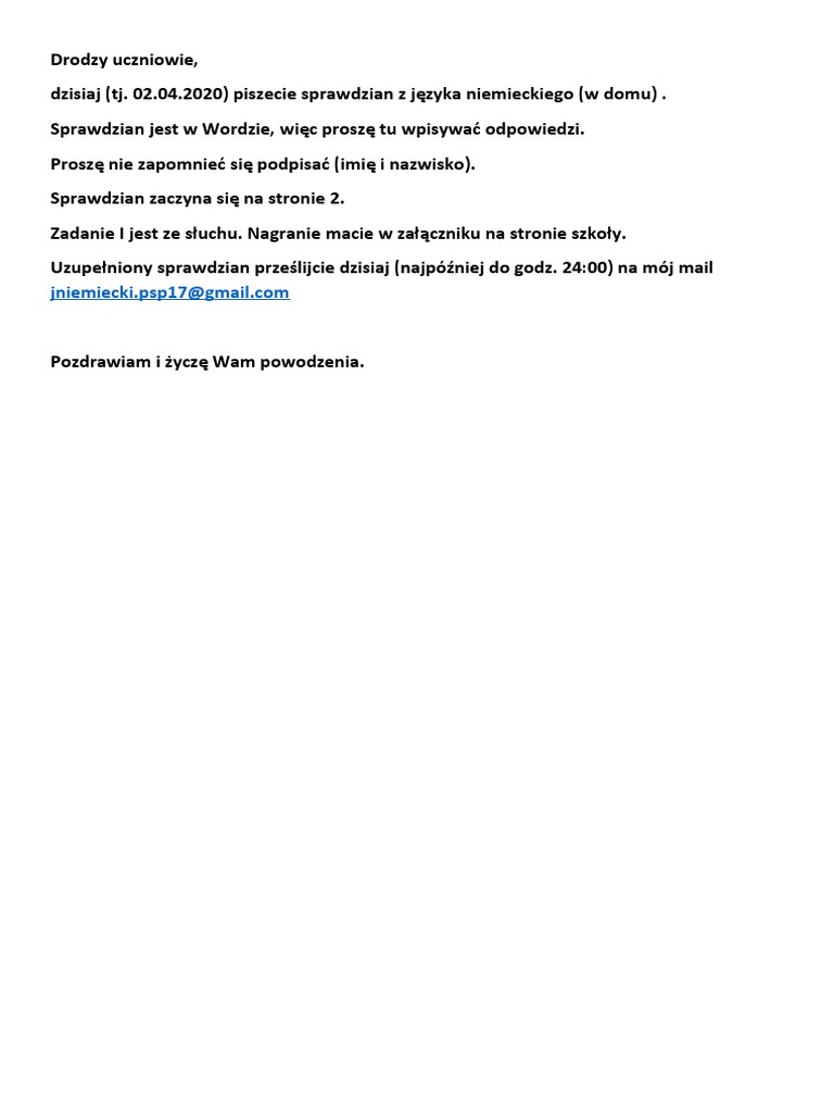 Sprawdzian Z Niemieckiego Klasa 7 Dział 2 Pdf
