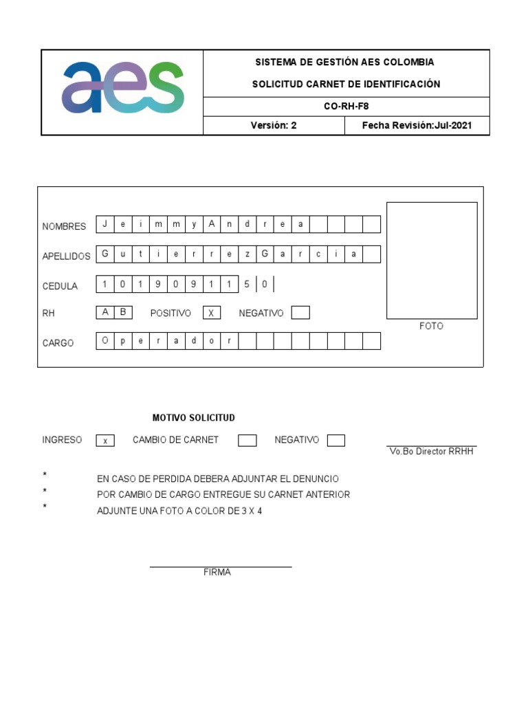 Solicitud de de identificación para el sistema de gestión de