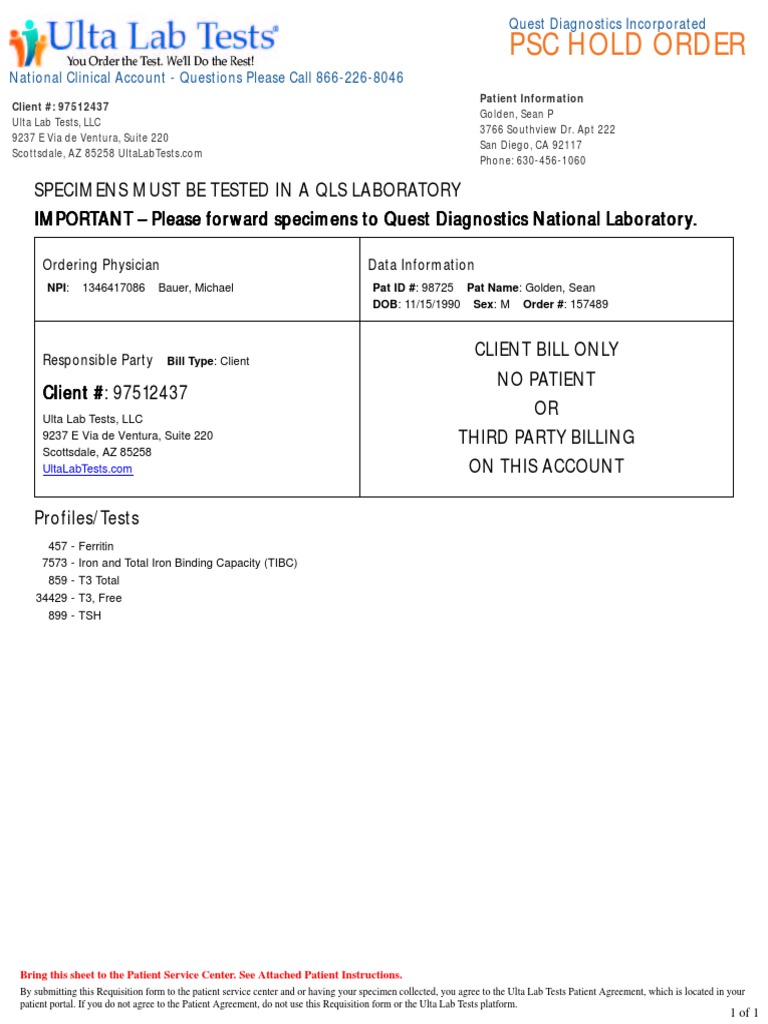 Order 157489 PSC Requisition Ulta Lab Tests PDF Health Sciences