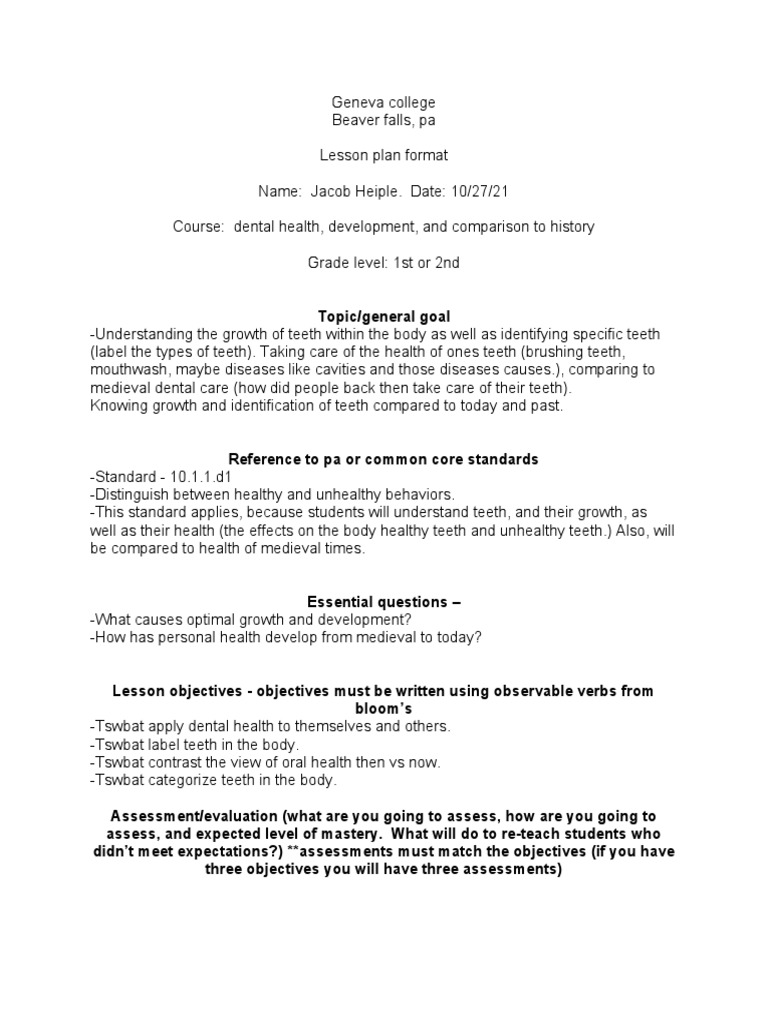 Dental Health Lesson Plan for Grades 1-2 | PDF | Human Tooth | Oral Hygiene