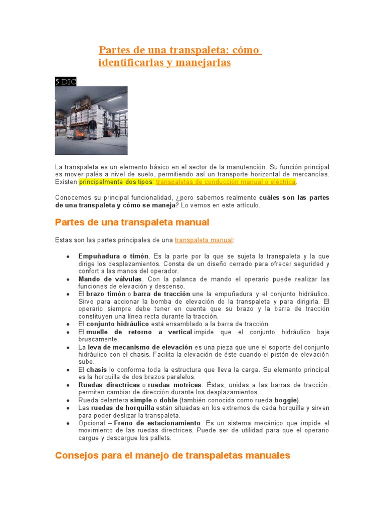 Partes de transpaletas: manual y eléctrica | PDF | Bienes ...