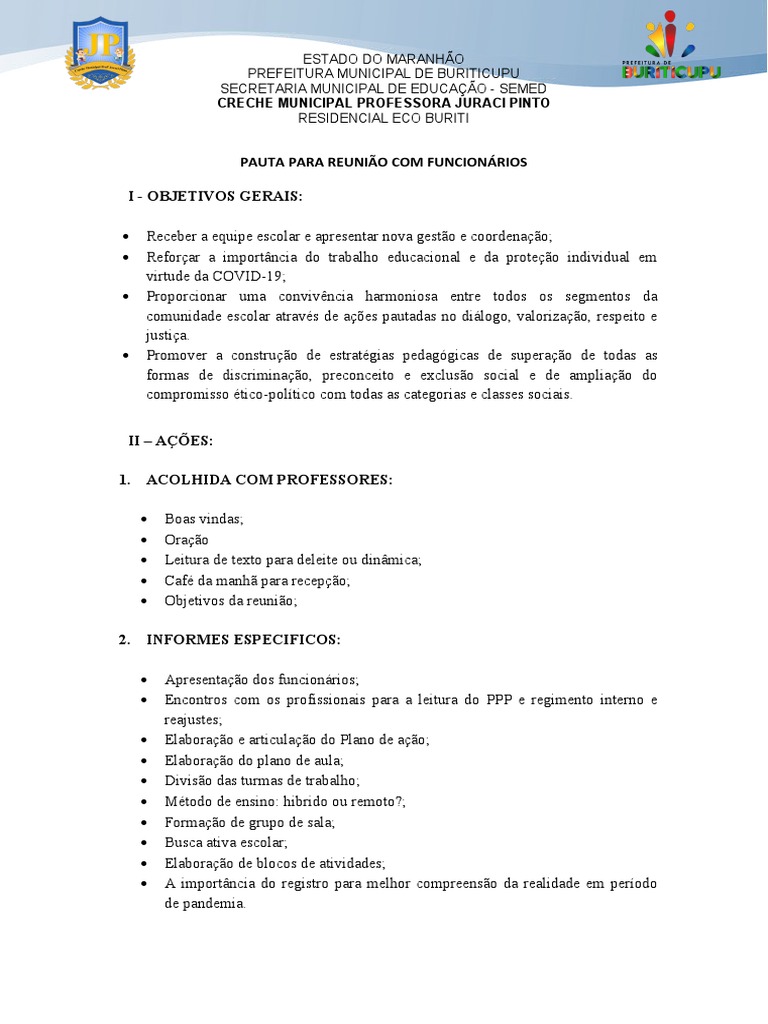 Pauta para Reunião Com Funcionários | PDF | Orquestras | Método de ensino