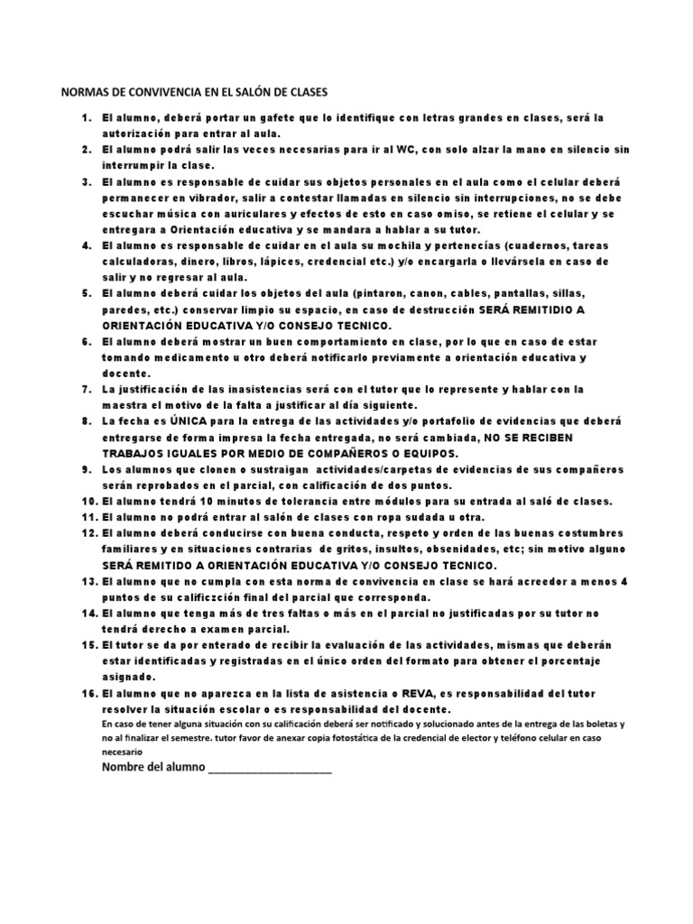 Normas de Convivencia en El Salón de Clases | PDF | Salón de clases ...