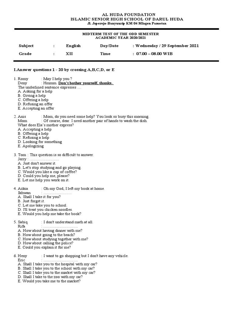 Midterm XII & X (2020 - 2021 K13) - 1 | PDF | Chef | English Language