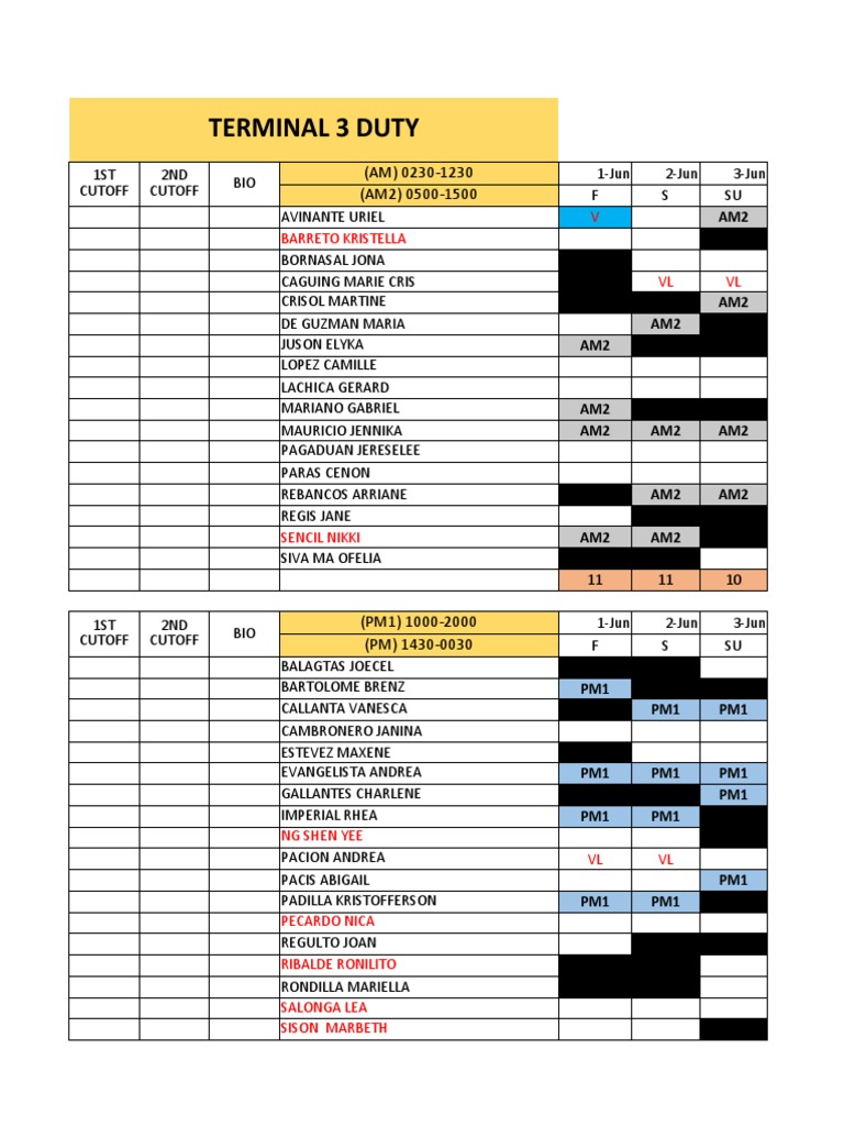Terminal Duty Schedule for June 2023 | PDF