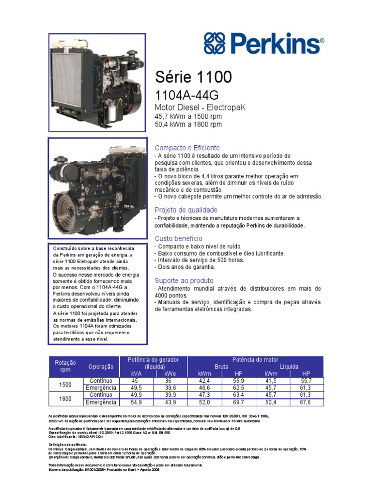 Especificações técnicas completas do motor diesel Perkins 1104A-44G de  45,7-50,4 kWm para geração de energia, PDF, Motores