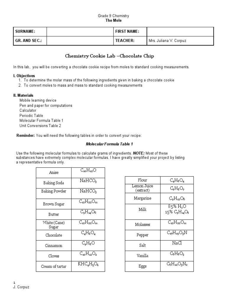 Chemistry Cookie Lab Chocolate Chip The Mole Surname First Name Gr