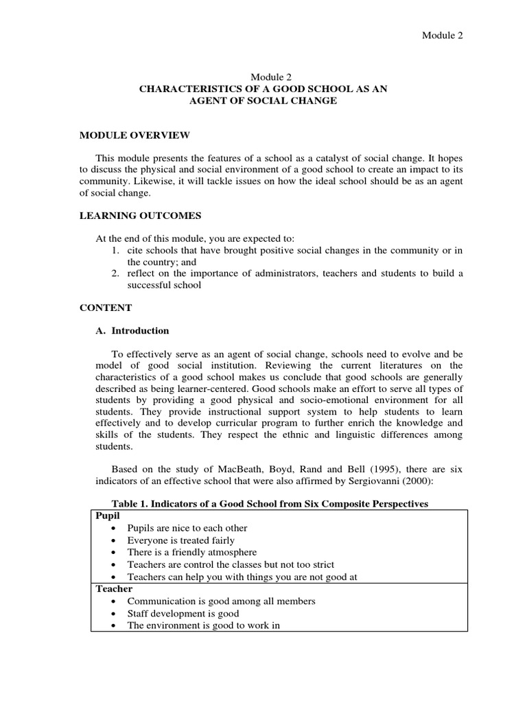 Characteristics of A Good School As An Agent of Social Change | PDF ...