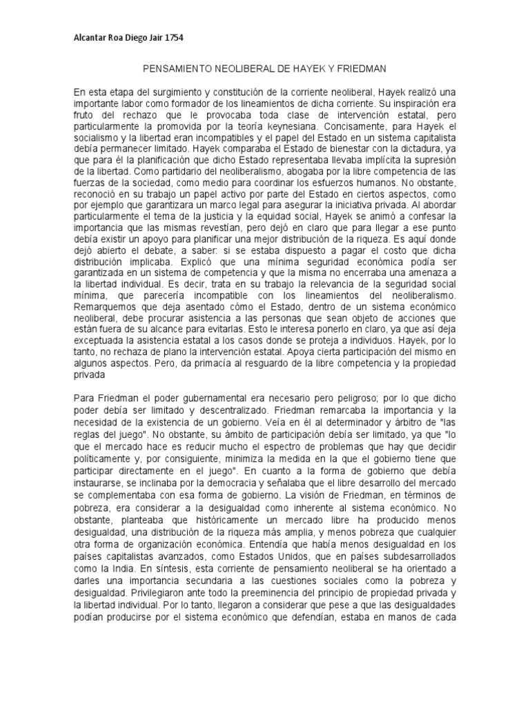 Pensamiento Neoliberal de Hayek y Friedman | PDF | Friedrich Hayek ...