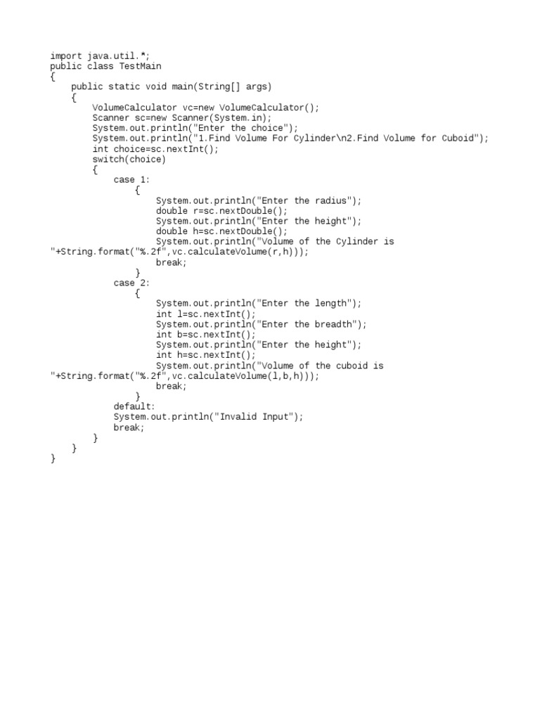 Java Volume Calculator for Shapes | PDF