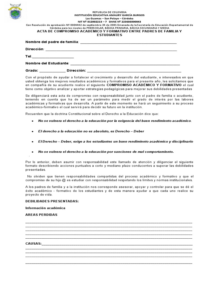Acta de Compromiso para Padres de Familia 2021 Nueva | PDF | Educación ...