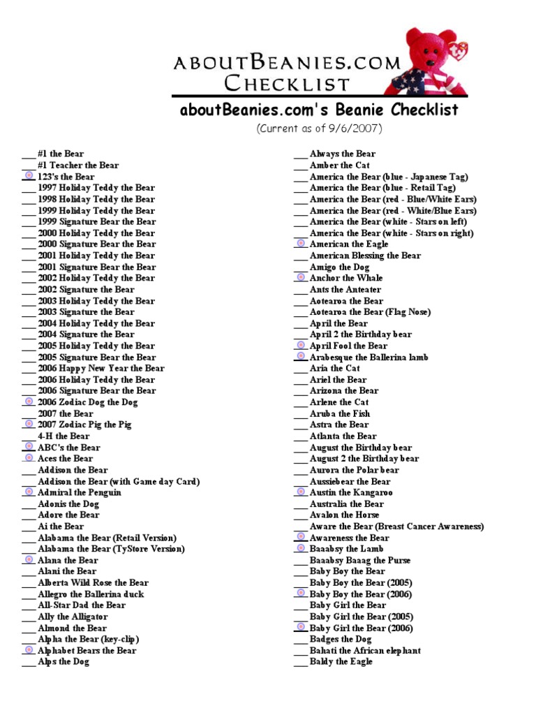 All Ty Beanie Babies Checklist PDF