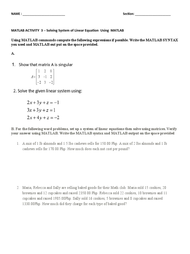 MATLAB for Solving Linear Equations | PDF