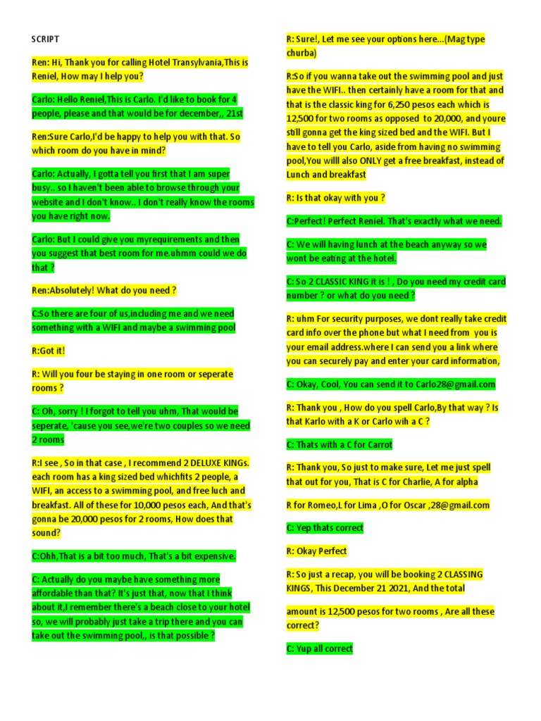 hotel reservation conversation script sample in english