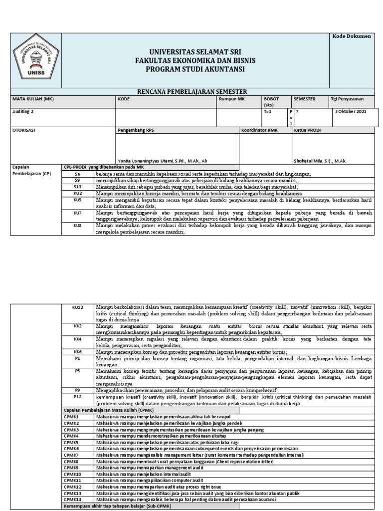 Rencana Pembelajaran Auditing 2 | PDF