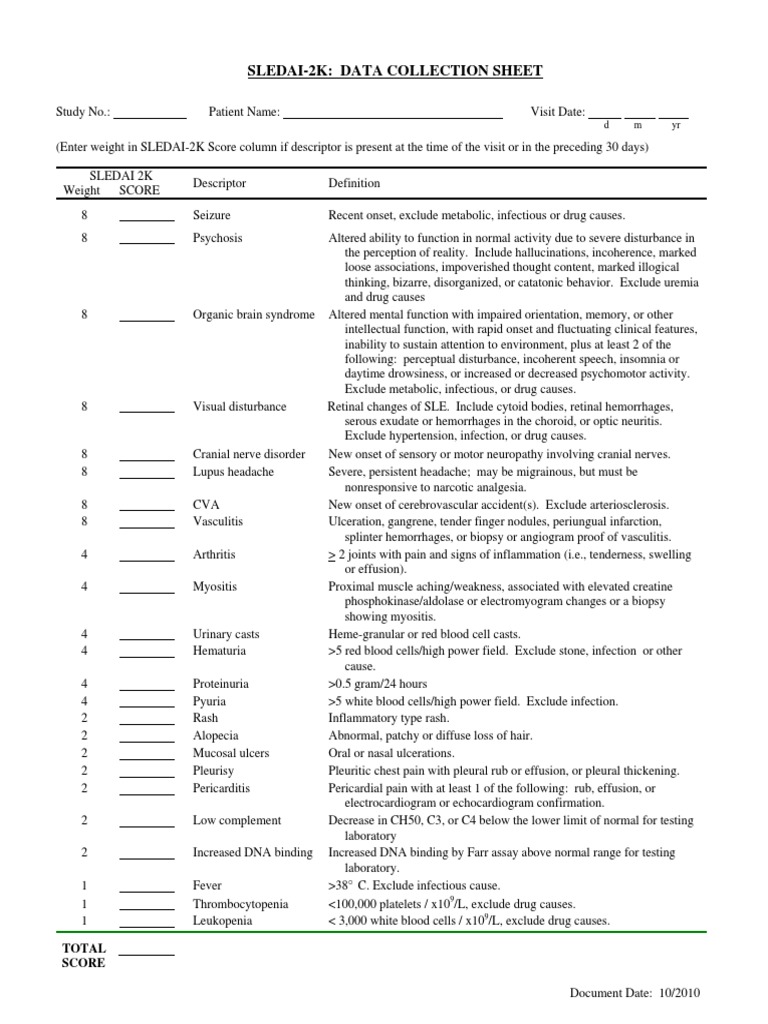 SLEDAI-2K Scoring Data Sheet | PDF | Diseases And Disorders | Clinical ...