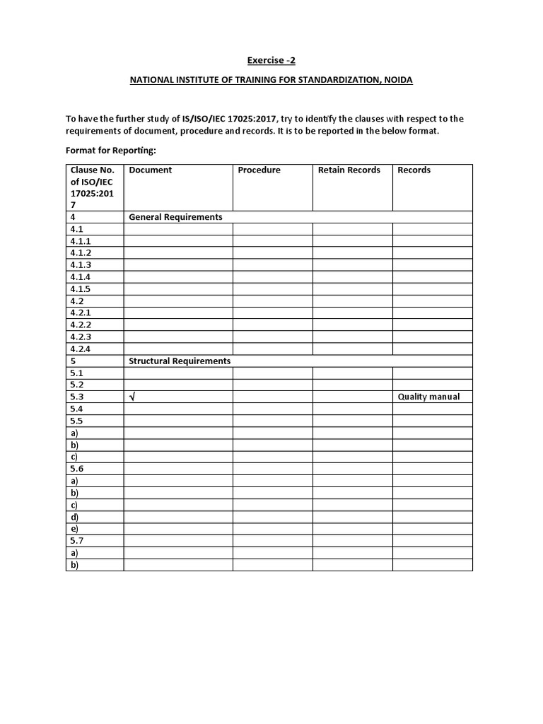 National Institute of Training For Standardization, Noida: Exercise - 2 ...