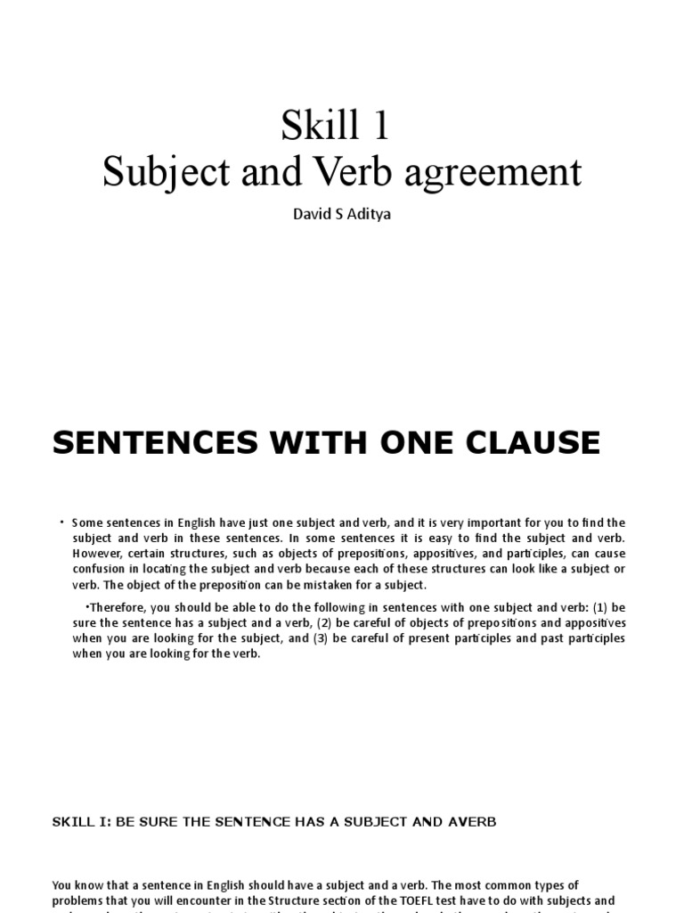 Skill 1 Subject and Verb Agreement | PDF | Subject (Grammar) | Verb