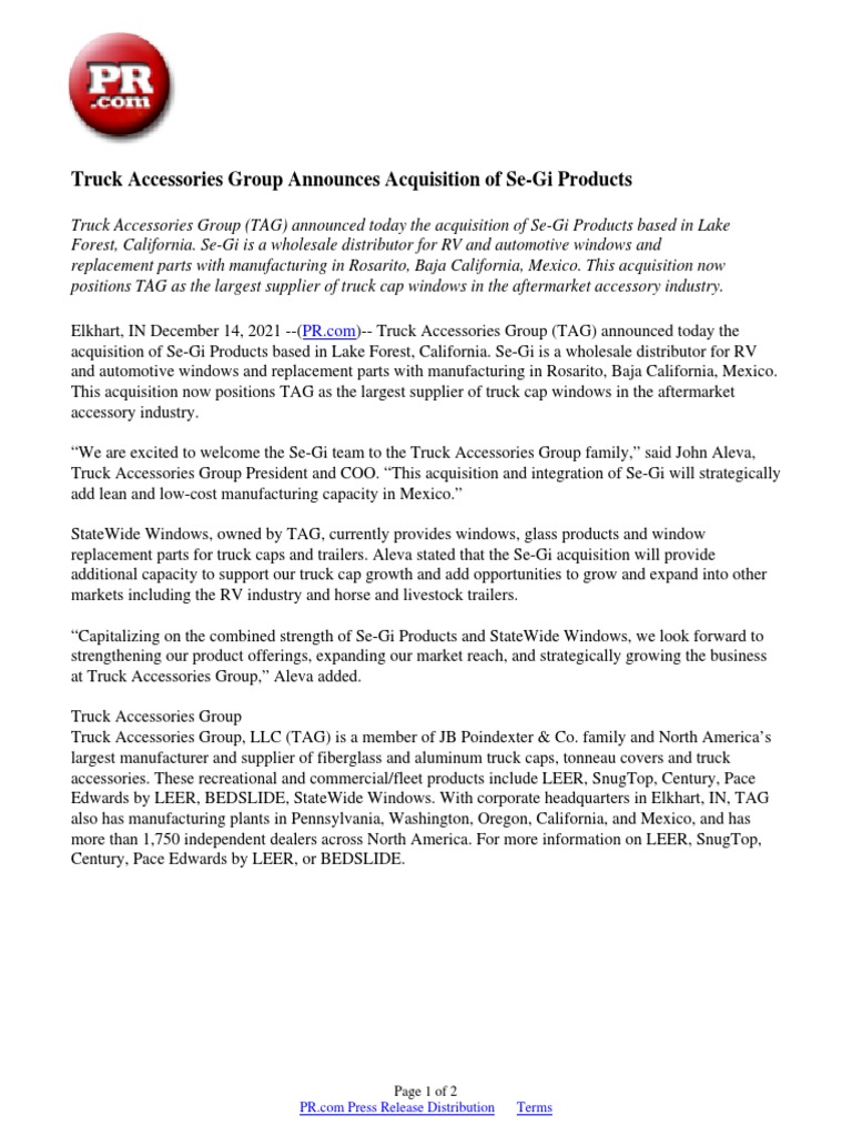 Truck Accessories Group Announces Acquisition of SeGi Products PDF
