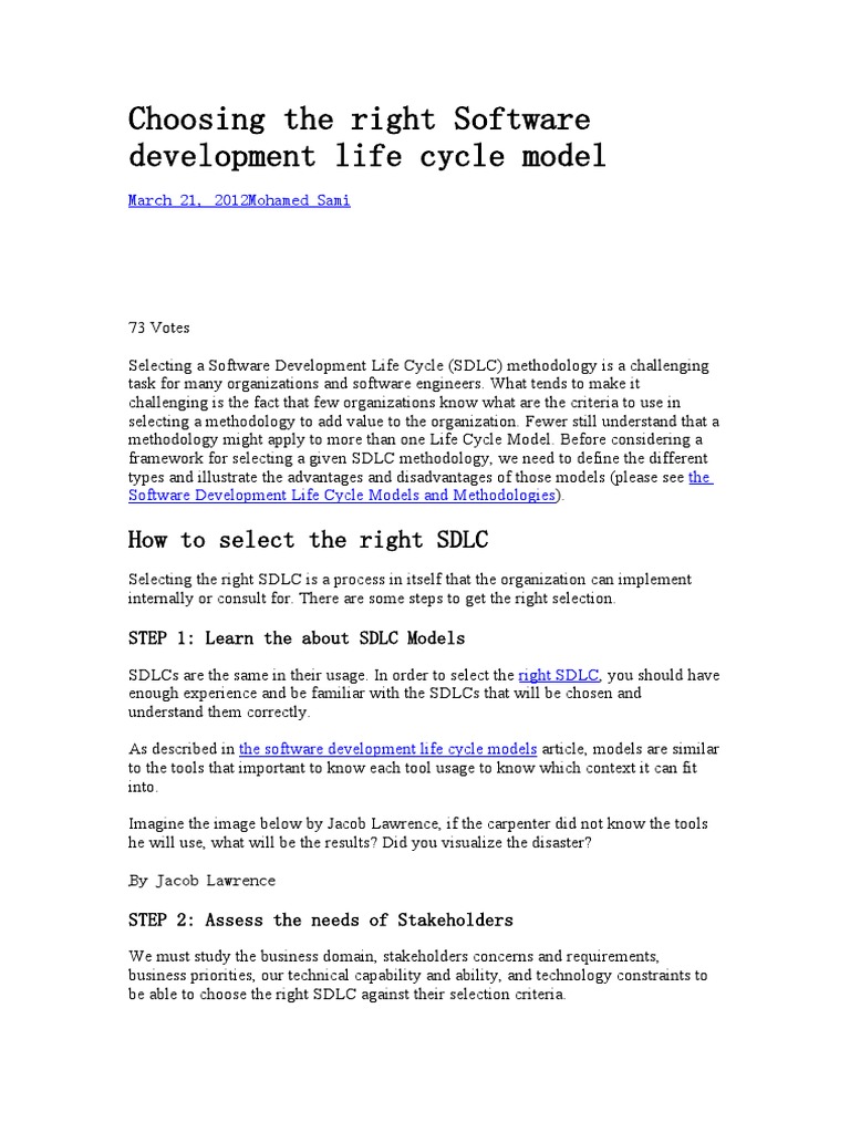 Selecting the Right SDLC Model Guide | PDF | Software Development ...