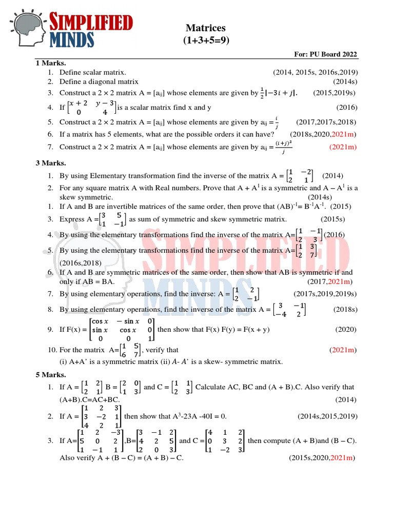 3.matrices 2ndPUC PYQs | PDF | Matrix (Mathematics) | Abstract Algebra