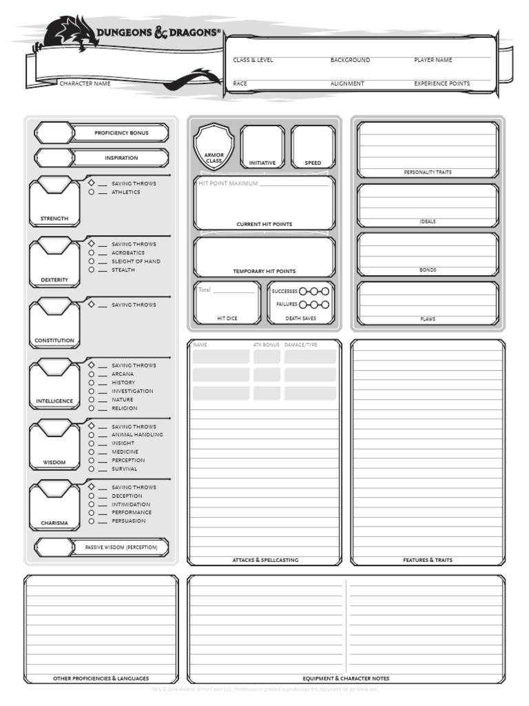 DD 5ed Character Sheet | PDF | Leisure Activities | Role Playing Games